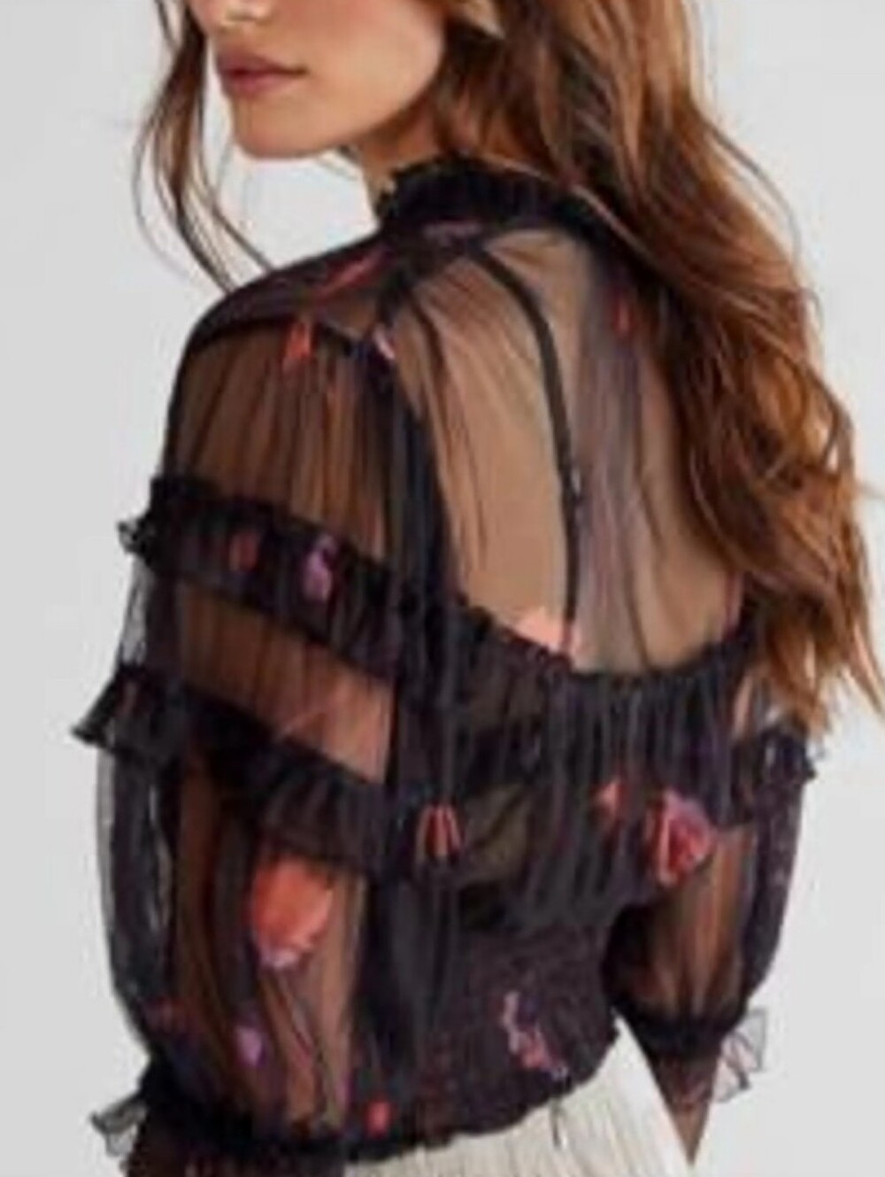 nwt Free People Black Sheer Floral Smocked Peasant Blouse